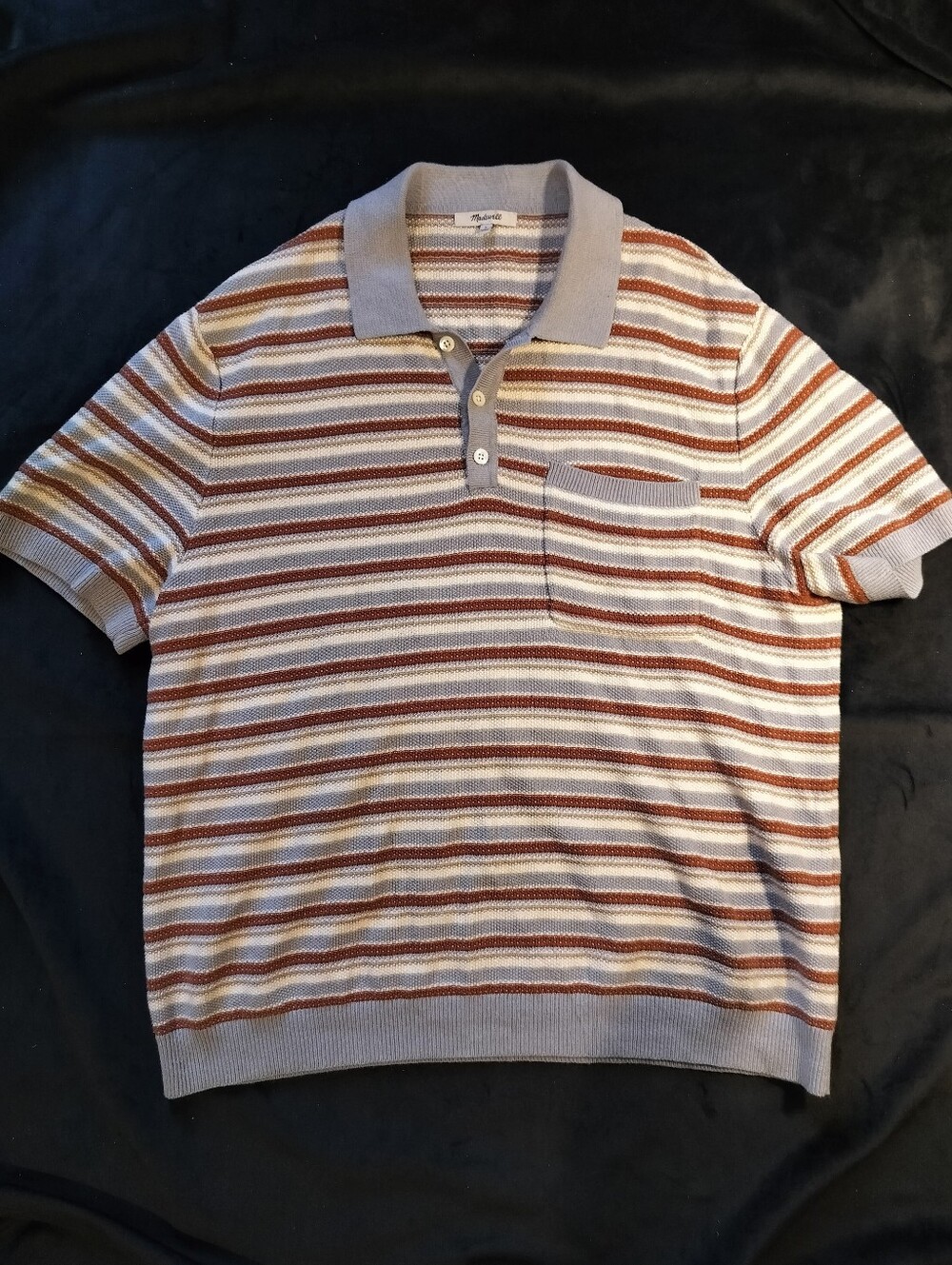 NEW Madewell Cotton Linen Short Sleeve Blue Brown Cream Striped Polo - Large